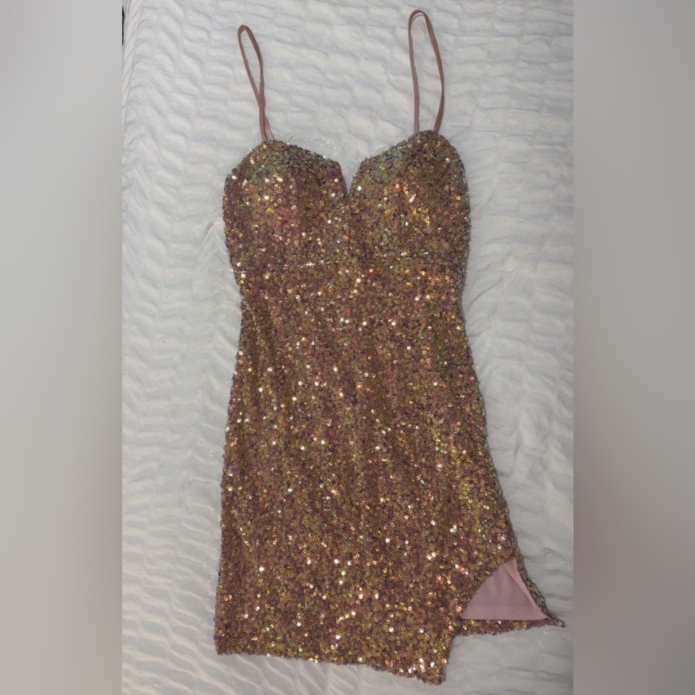 Macy's Sparkling Sequin Mini Dress in Gold and Pink